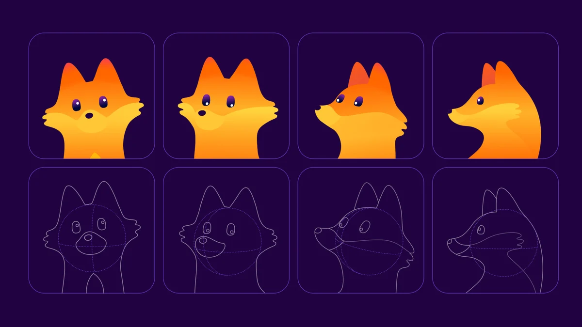Firefox mascot facial expressions and construction sketches showing front and side views on a dark purple background