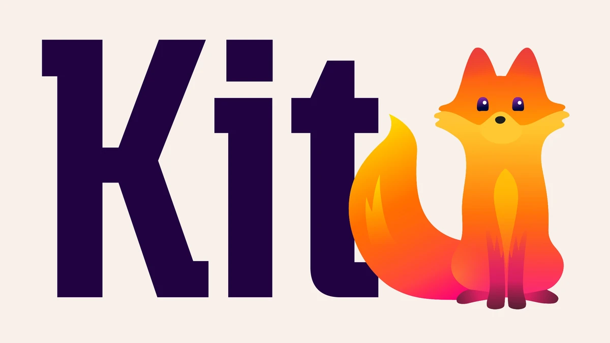 Firefox 'Kit' fox mascot beside large purple lettering