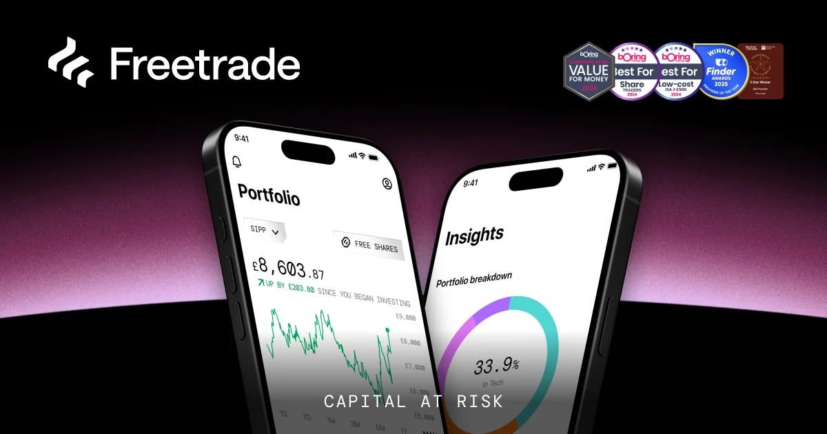Freetrade-appschermen op telefoons boven een donker verloop