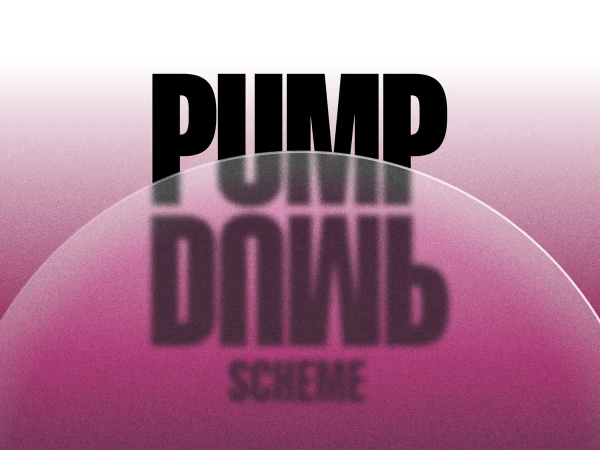 Freetrade-campagneposter: 'Pump & Dump Scheme' op een roze verloop