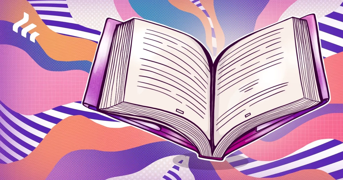 Freetrade-illustratie van een open boek in paarse golven