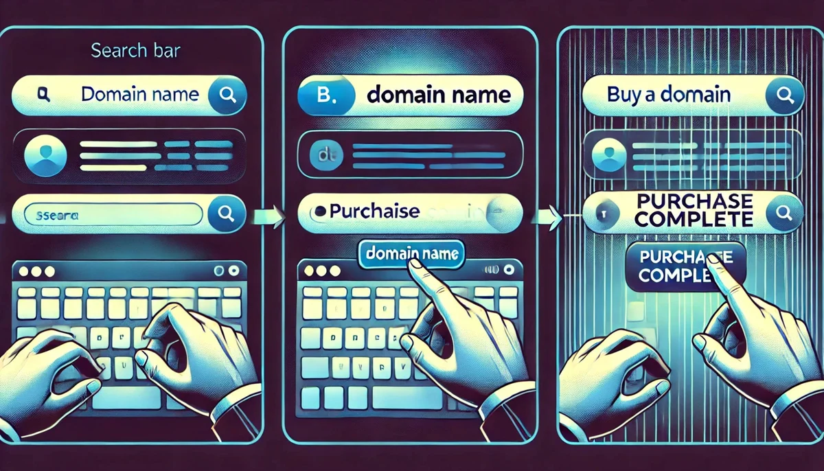 GoDaddy illustrated domain-search interface panels