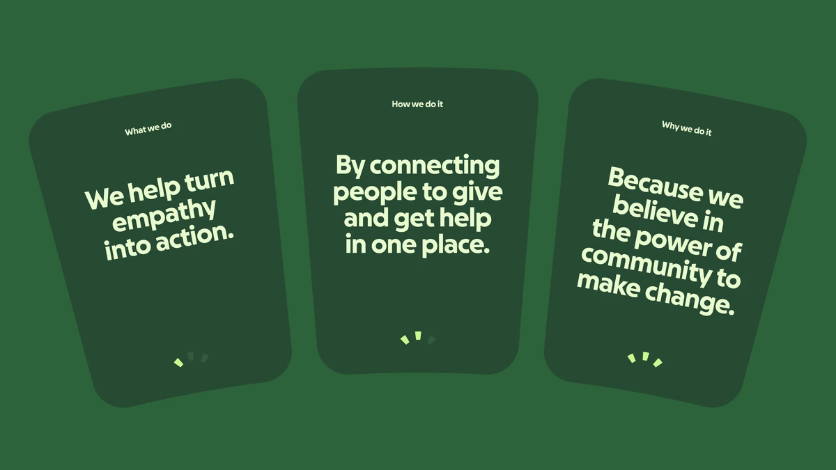 Three green GoFundMe cards stating mission messages
