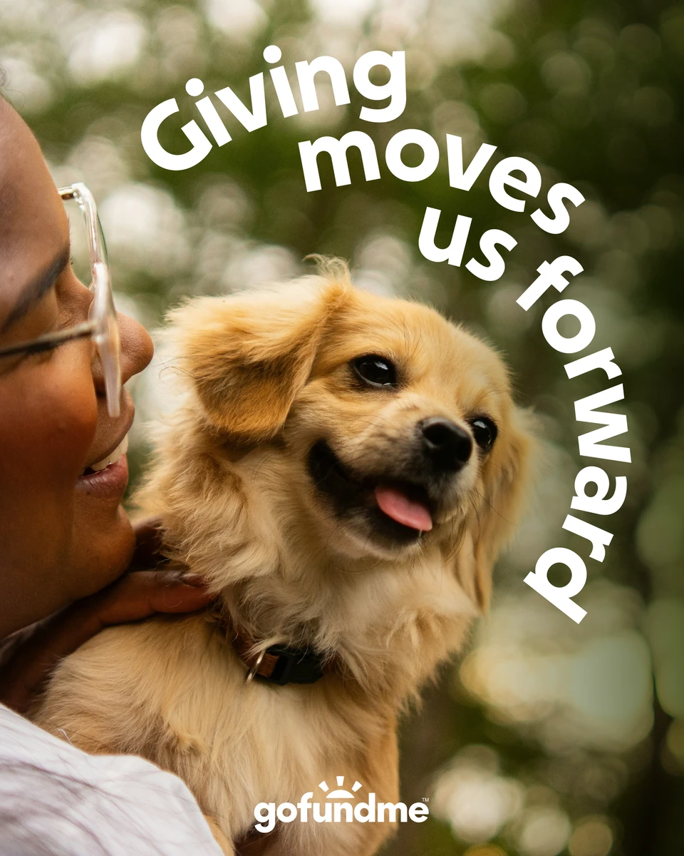 GoFundMe poster: 'Giving moves us forward' with a dog