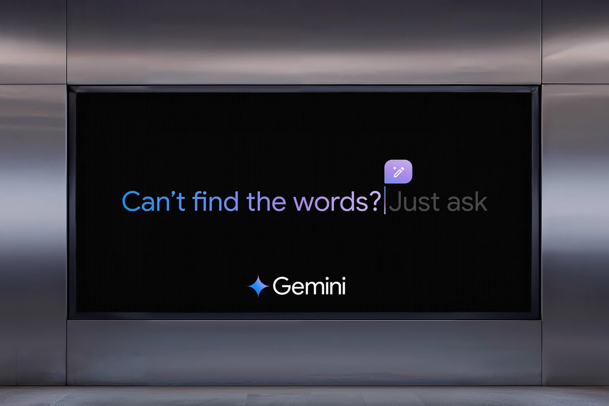 Gemini elevator screen: 'Can't find the words? Just ask'