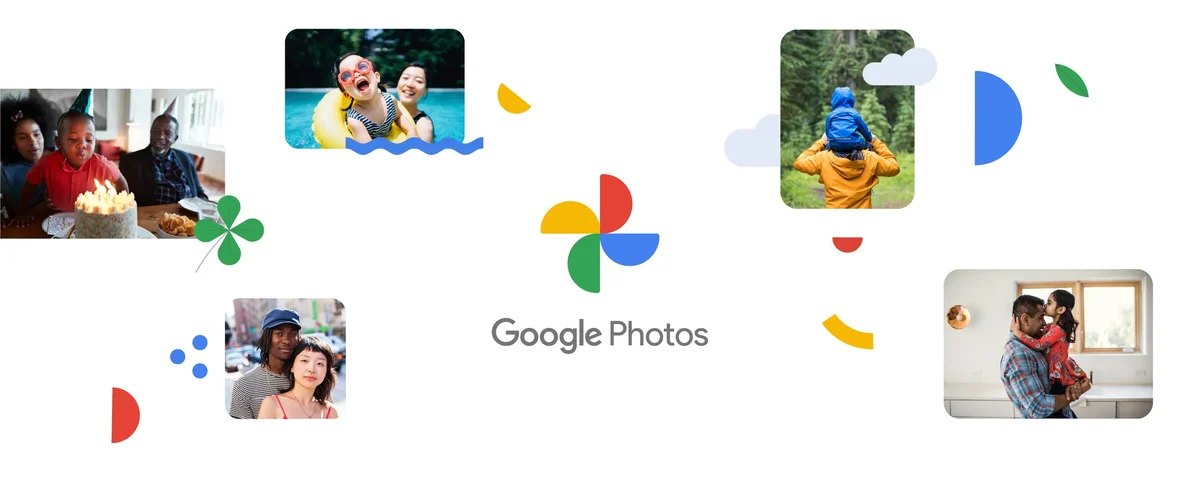 Google Photos icon among photo cards
