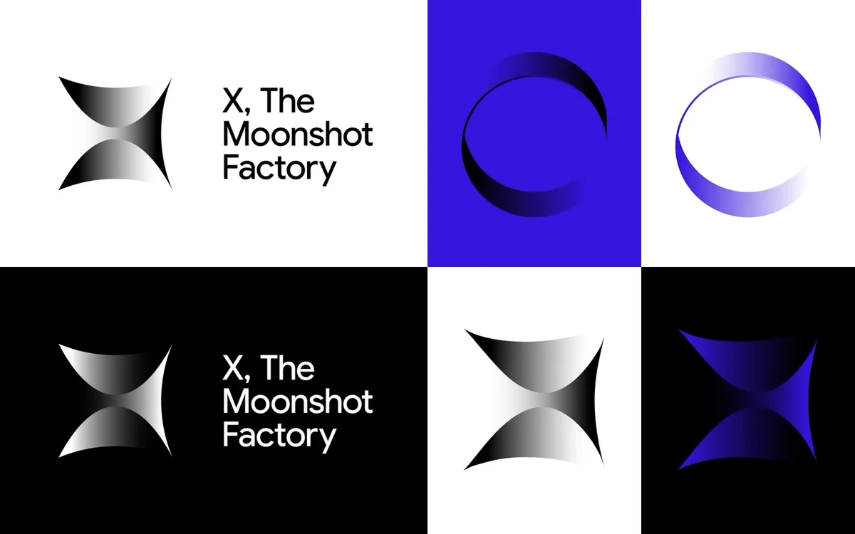 Logo's van X, the moonshot factory in zwart, wit en blauw