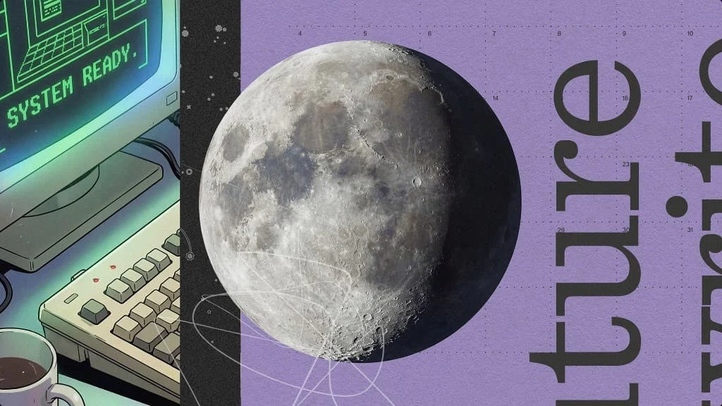 Granola editorial collage with a vintage computer, the moon and serif type on lilac