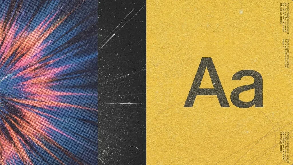 Granola collage pairing an orange starburst with 'Aa' on yellow