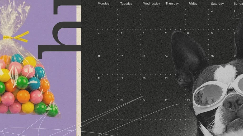 Collage of gumballs, a calendar grid and a dog photo in black and white