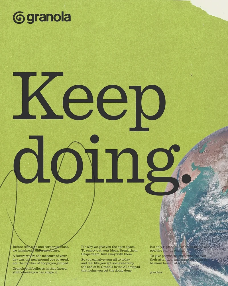 'Keep doing.' poster in Granola's green with serif type