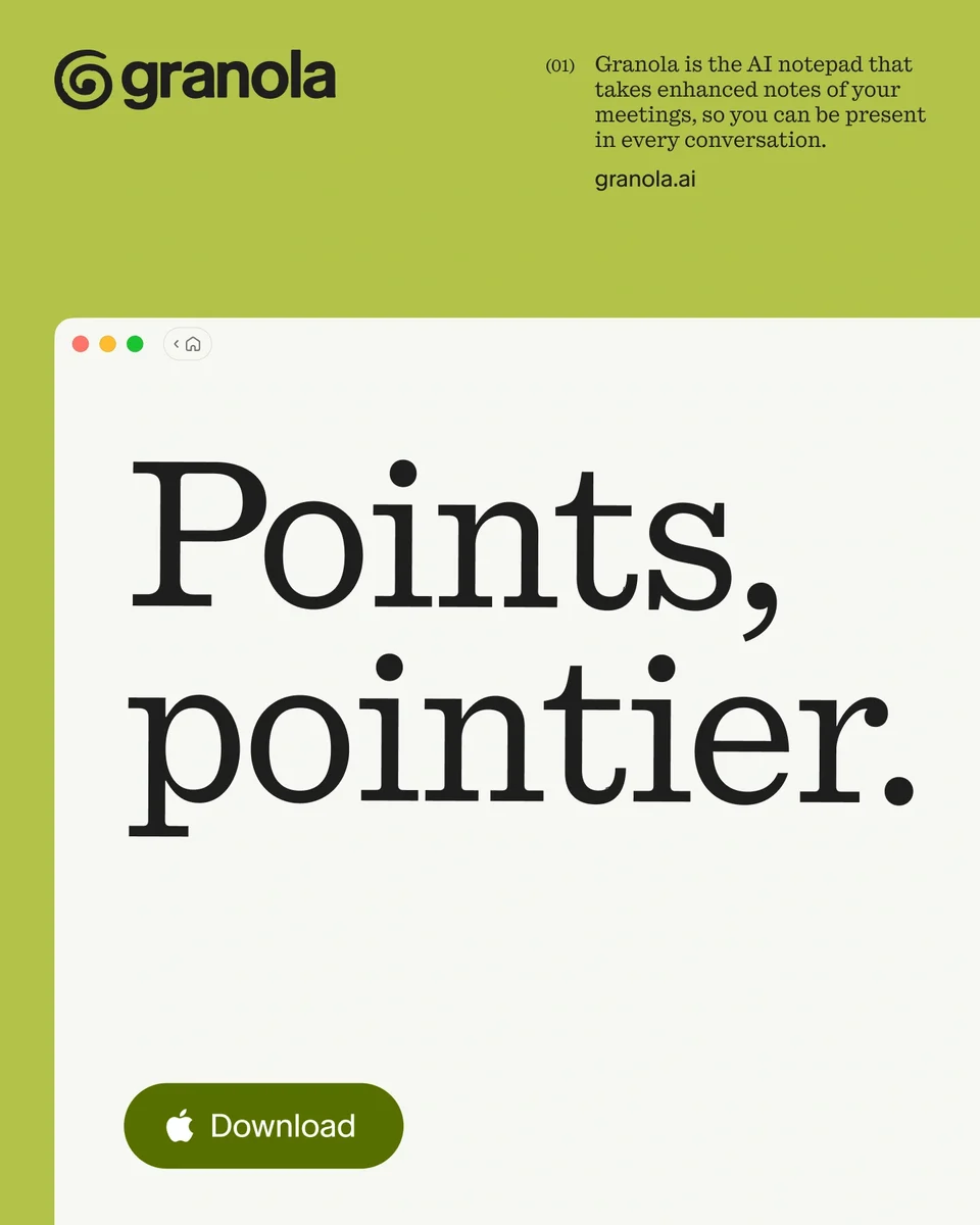 'Points, pointier.' Granola web page in lime and cream