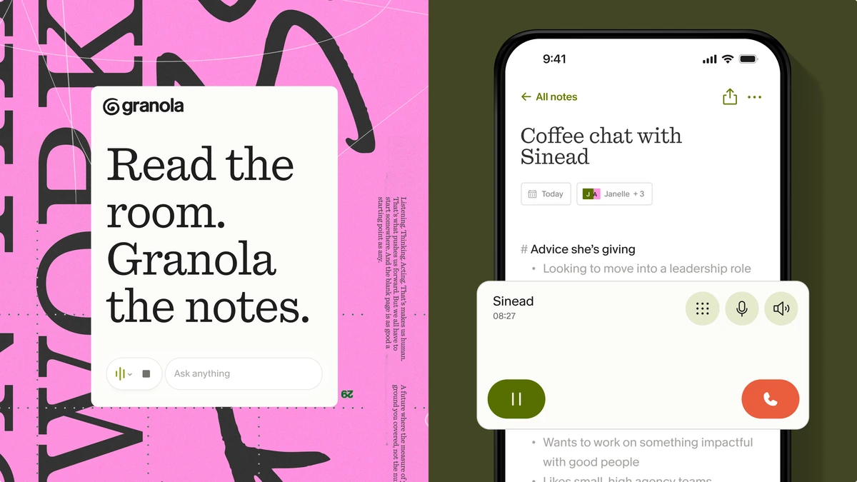 Granola posters and phone UI: 'Read the room. Granola the notes.'