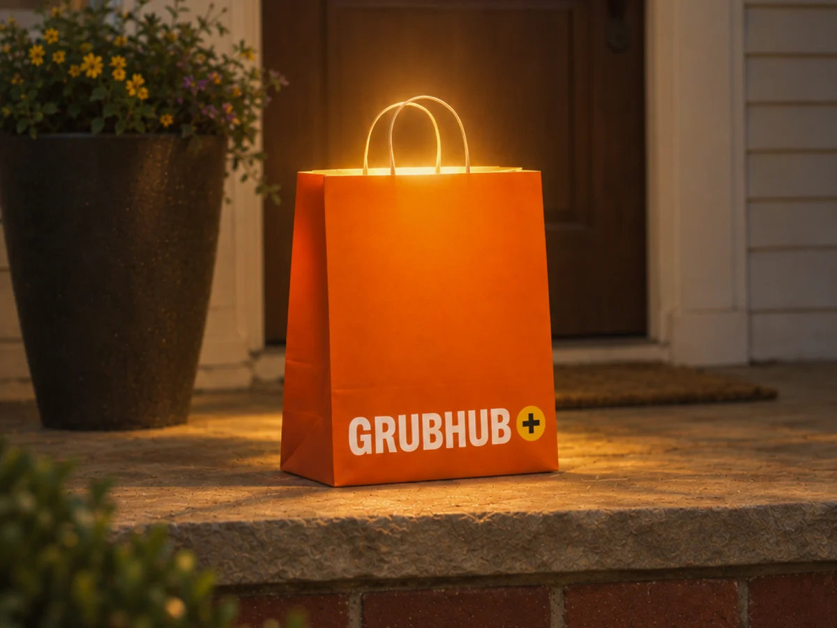 Orange Grubhub bag on a doorstep at dusk