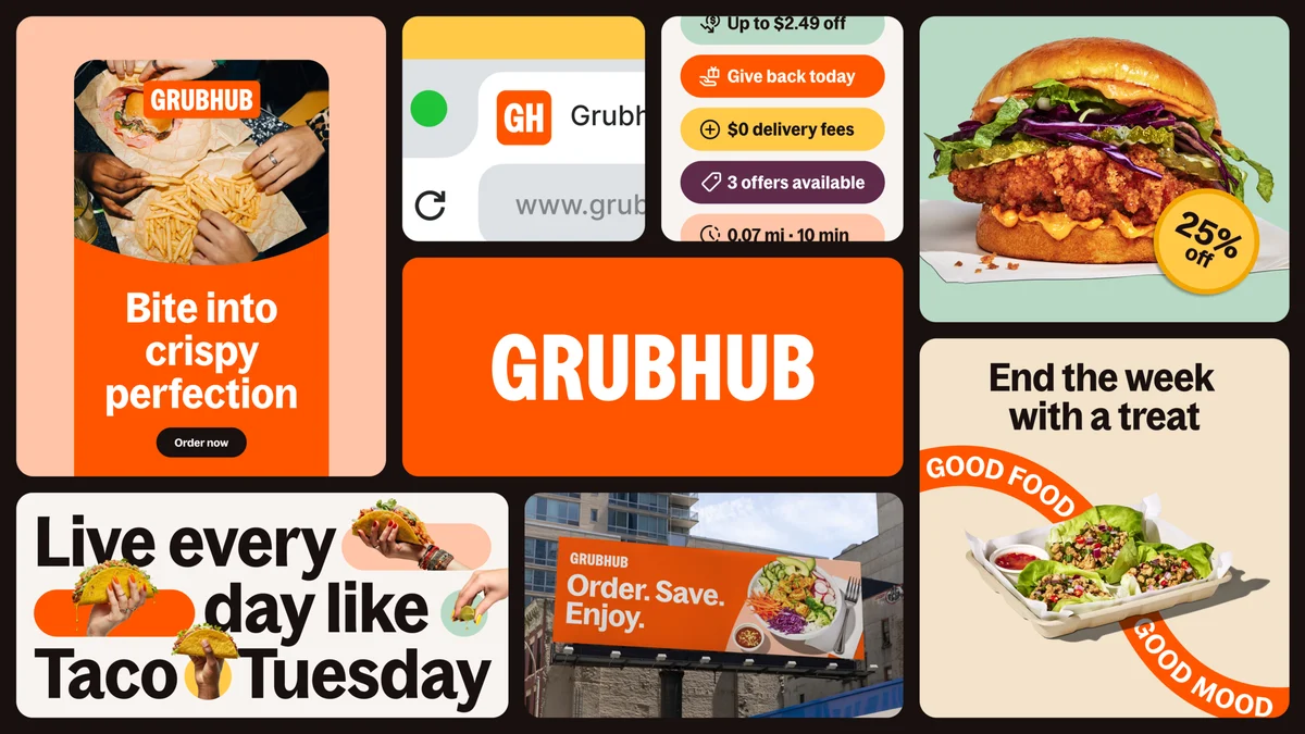 Grubhub social and ad layouts in orange