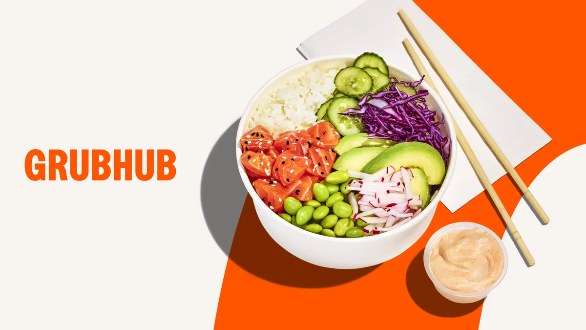 Grubhub wordmark beside a poke bowl