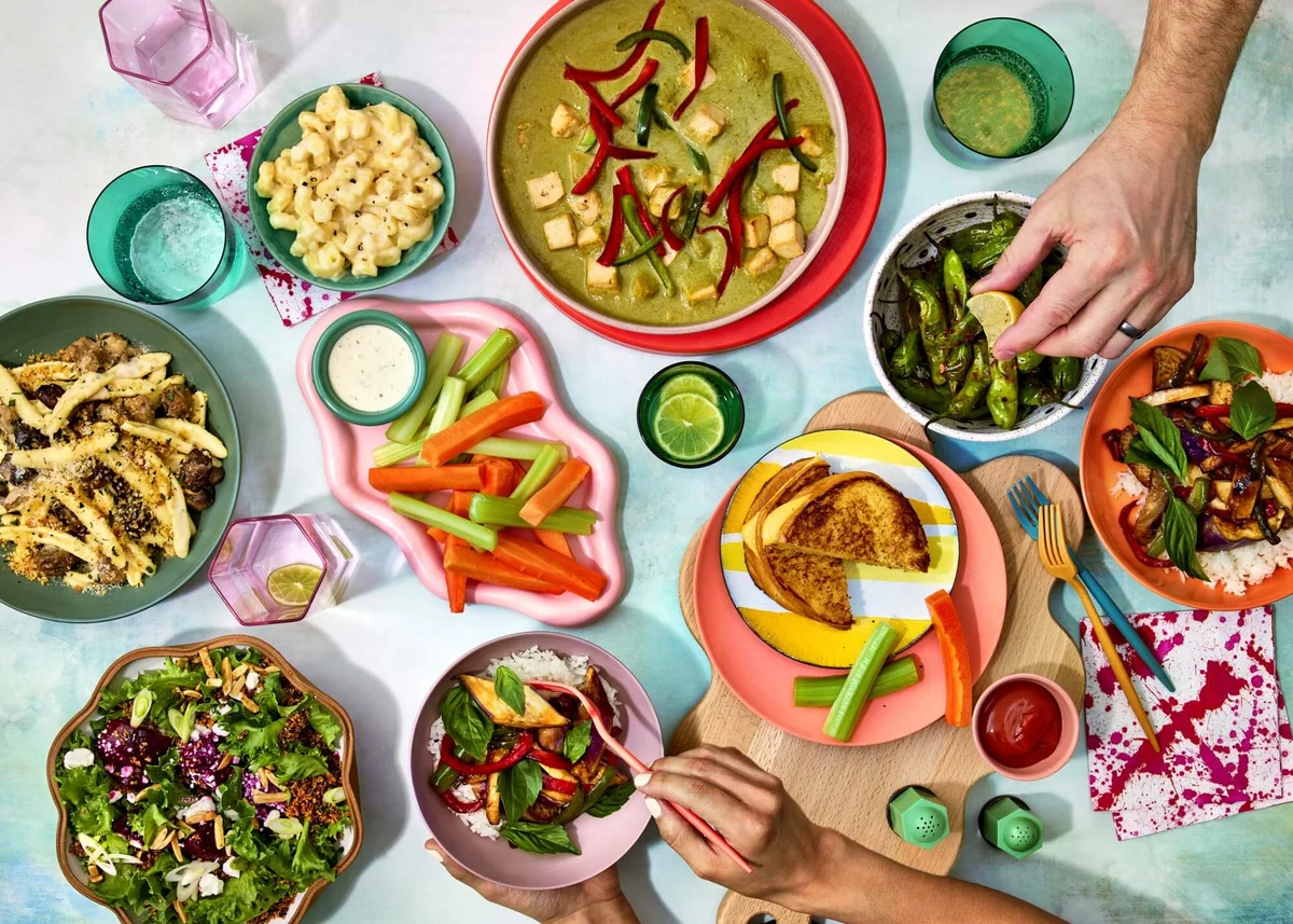 Overhead spread of dishes, Grubhub food photography