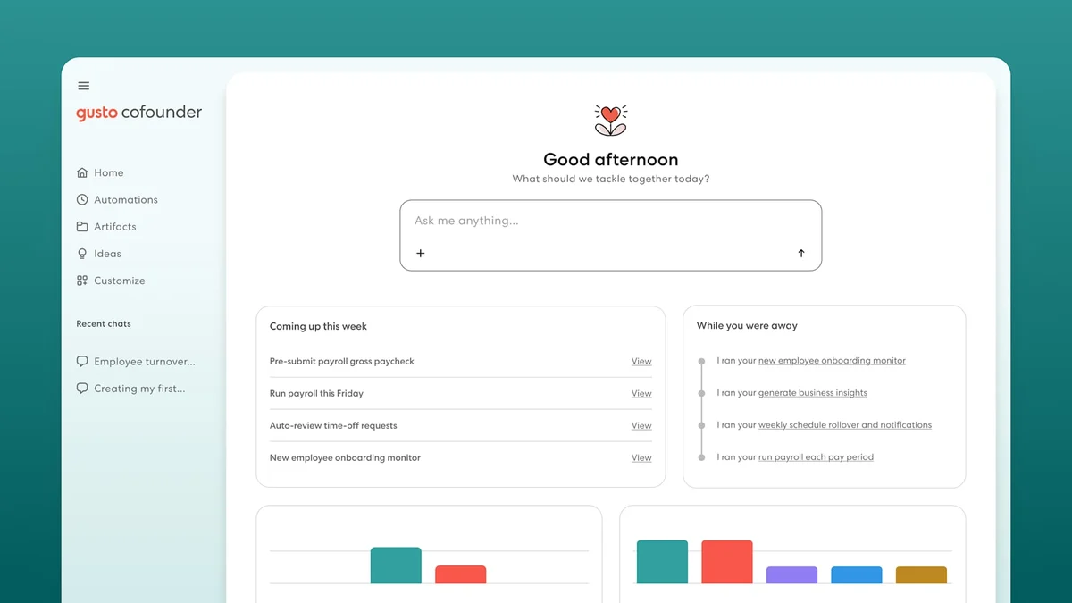 Gusto product dashboard in the refreshed UI