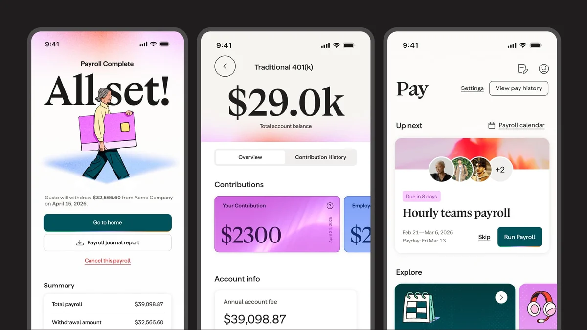 Gusto mobile app screens: payroll, balances and pay