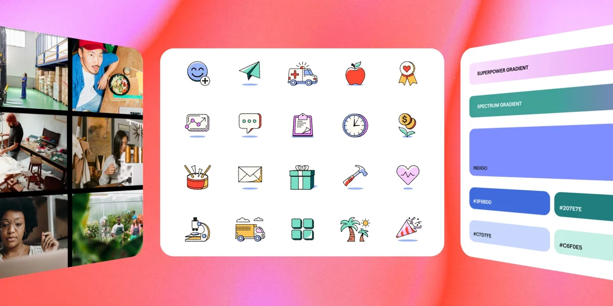 Grid of Gusto's hand-drawn icons and photography on a pink panel