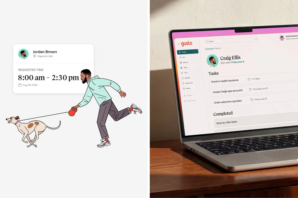 Gusto illustration of a dog walker next to a laptop with the Gusto app