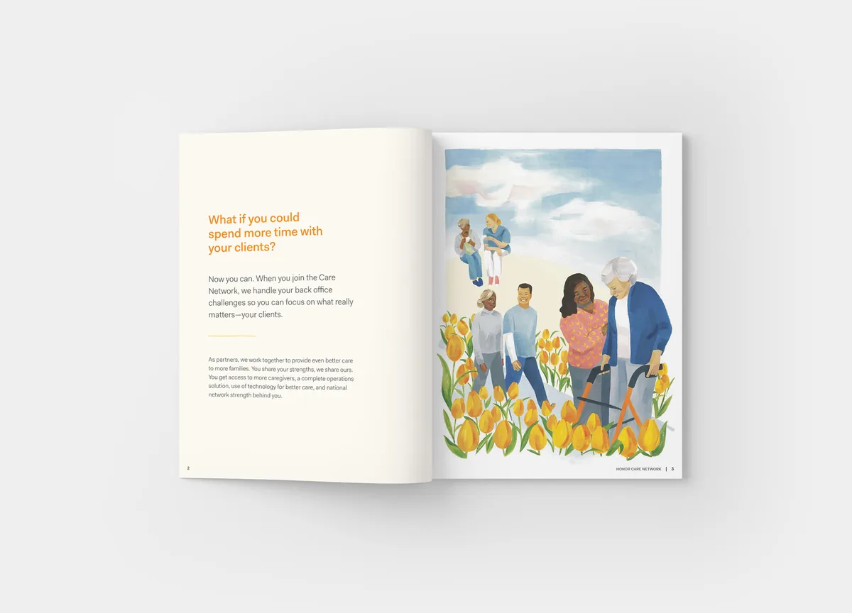 Opengeslagen Honor Care Network-brochure met een illustratie van zorgverleners en cliënten tussen gele tulpen