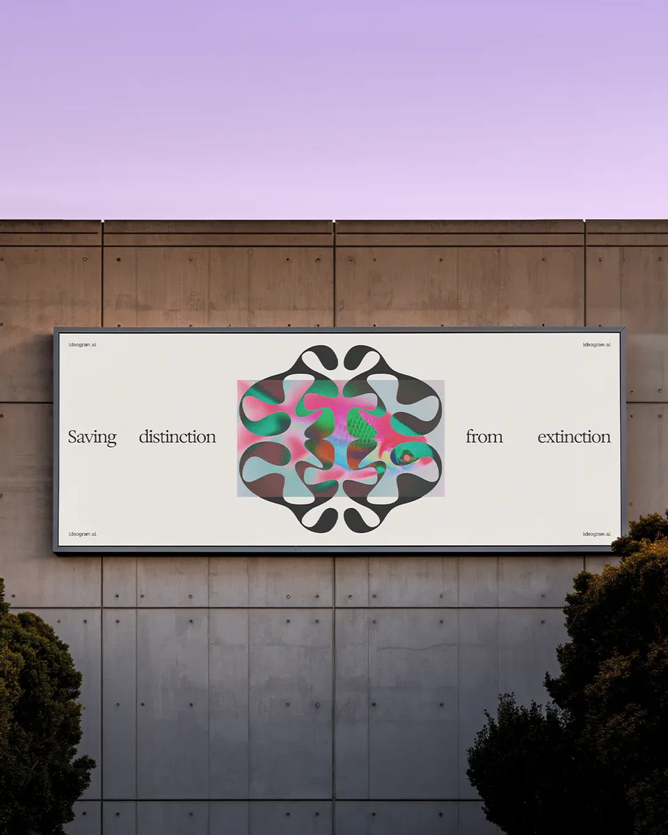 Outdoor billboard mockup for Ideogram mounted on a concrete building facade at dusk, reading "Saving distinction from extinction" with a colourful generative pattern inside the brain logomark.