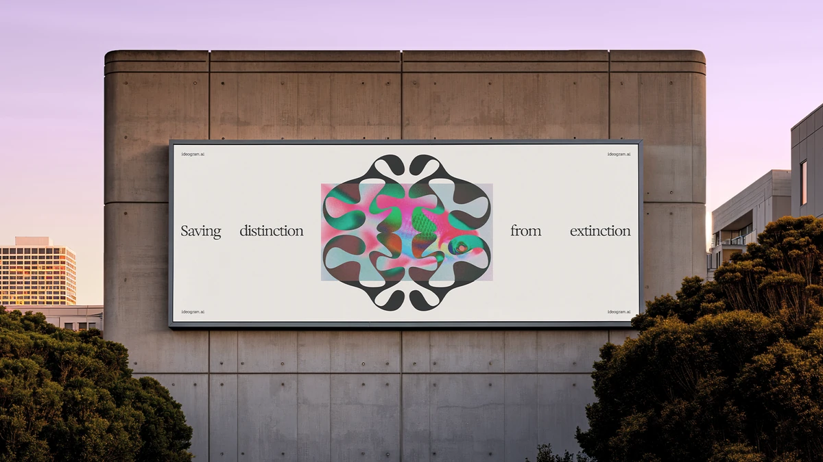 Ideogram billboard with its symbol on a building at dusk