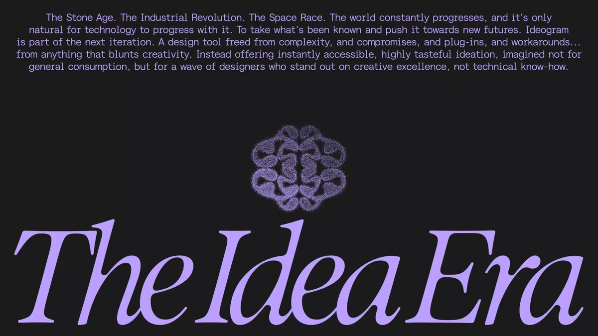 'The Idea Era' set in purple over dense text, Ideogram campaign
