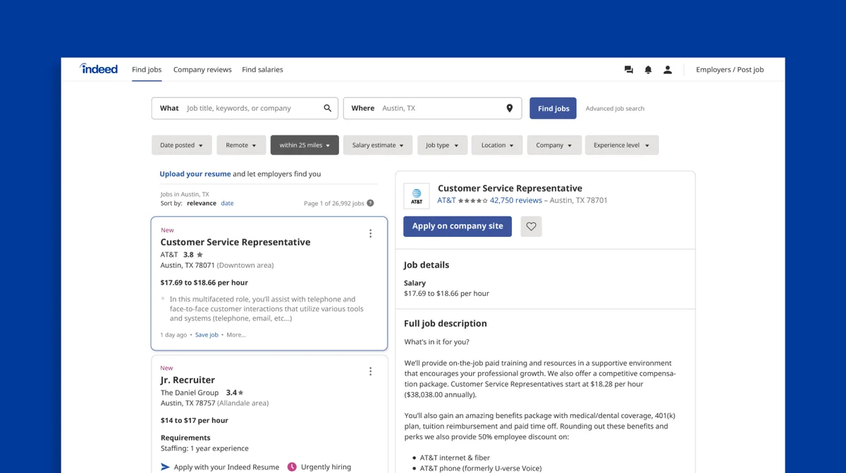 Indeed job search interface