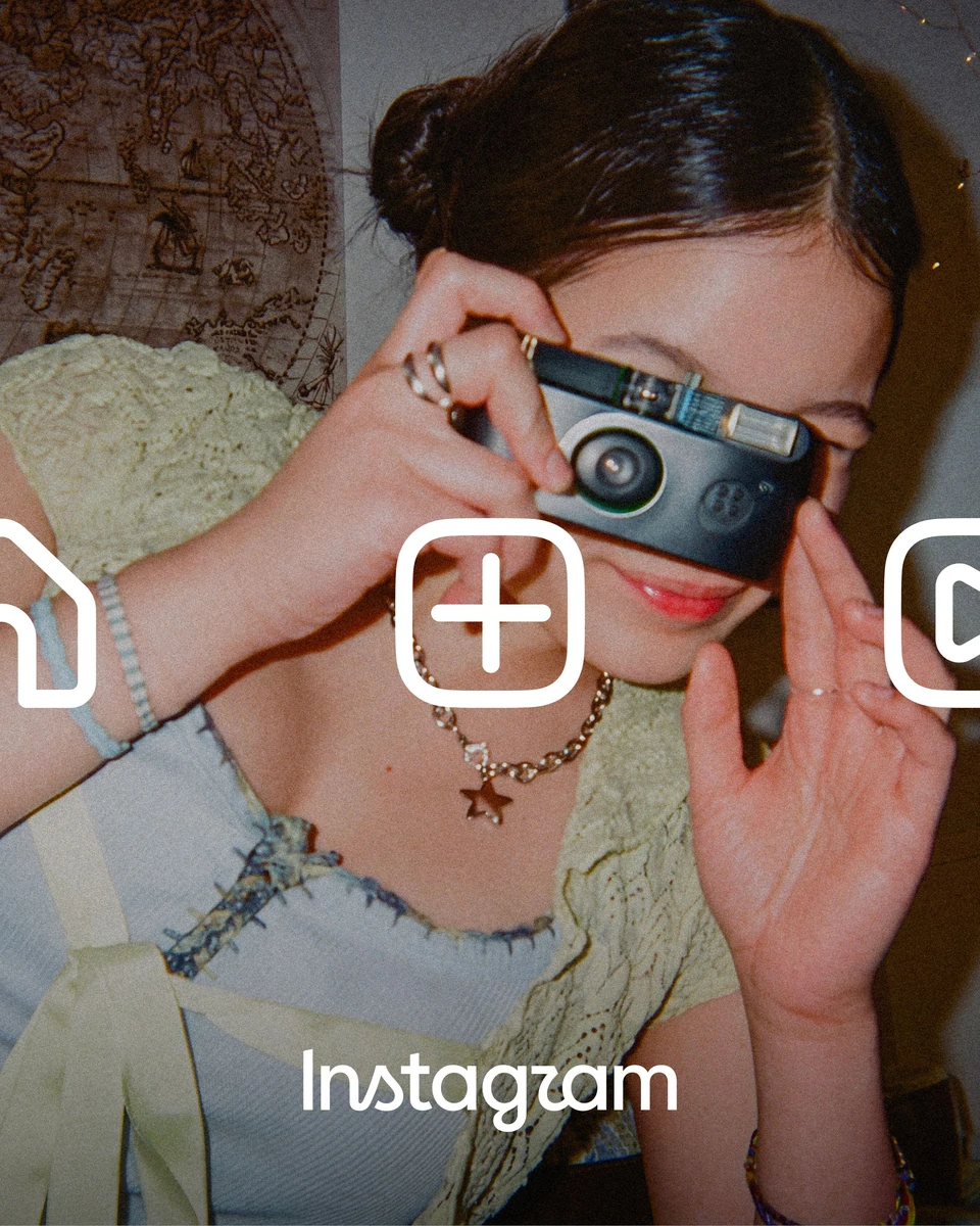 Woman with a camera beside Instagram glyphs and wordmark