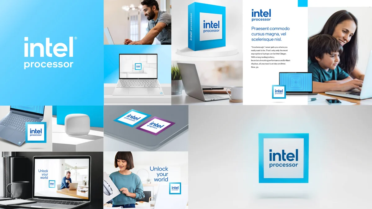 Intel product badges and packaging on light blue