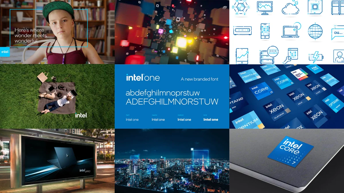 Intel brand system collage of photography and UI