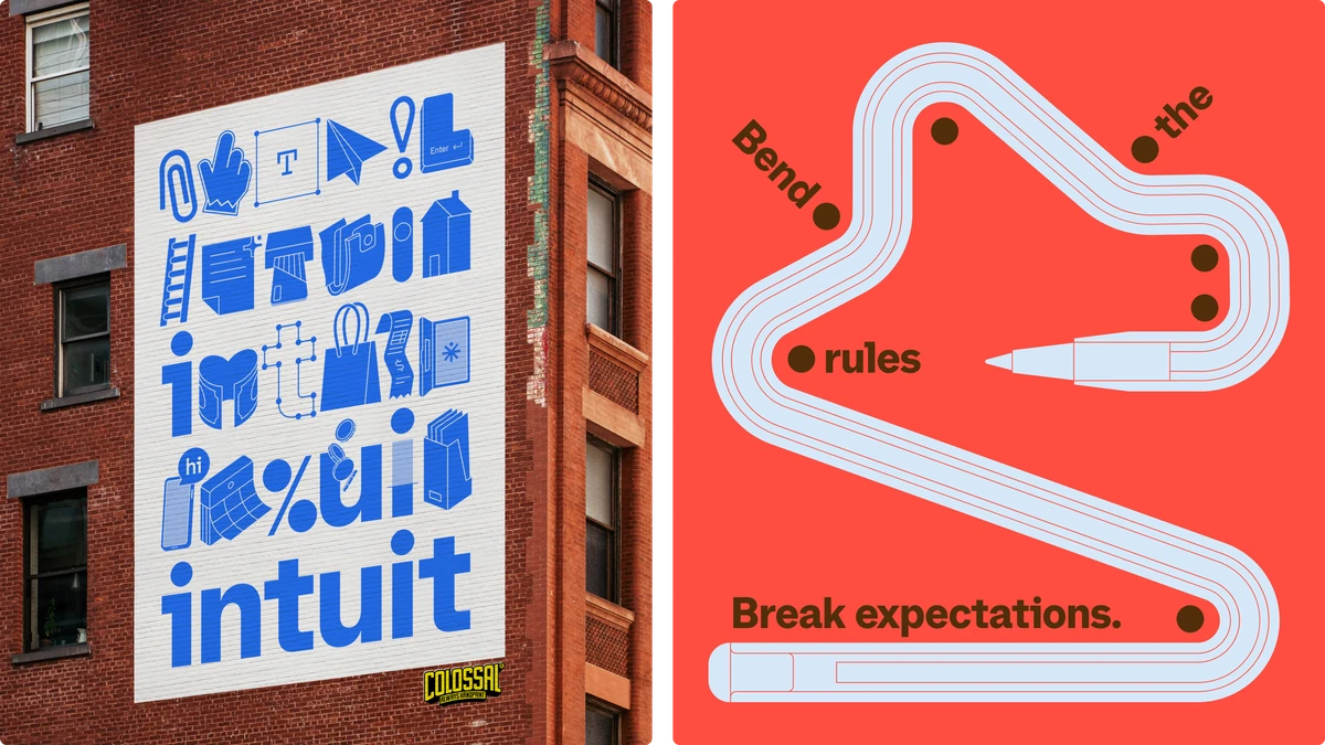 Intuit posters in red and blue with bold type and a winding road graphic