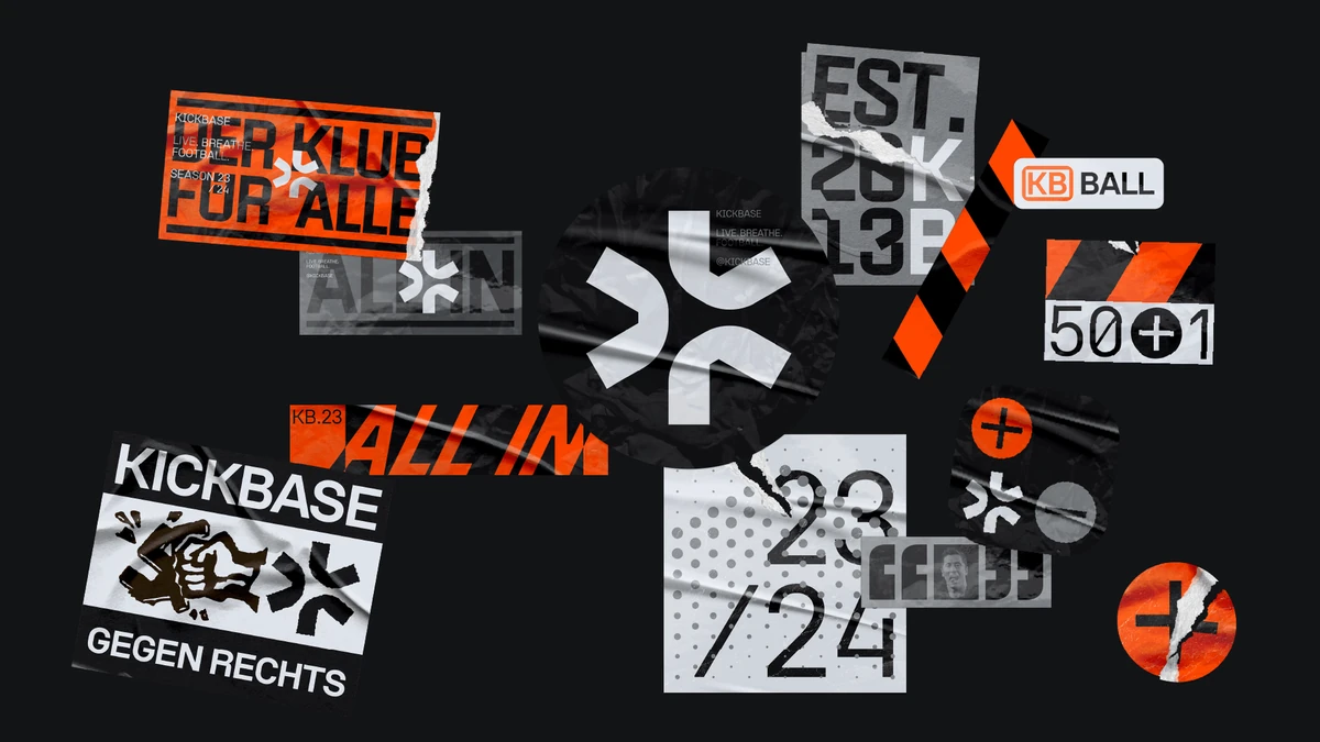 Kickbase-collage van stickers, letters en badges