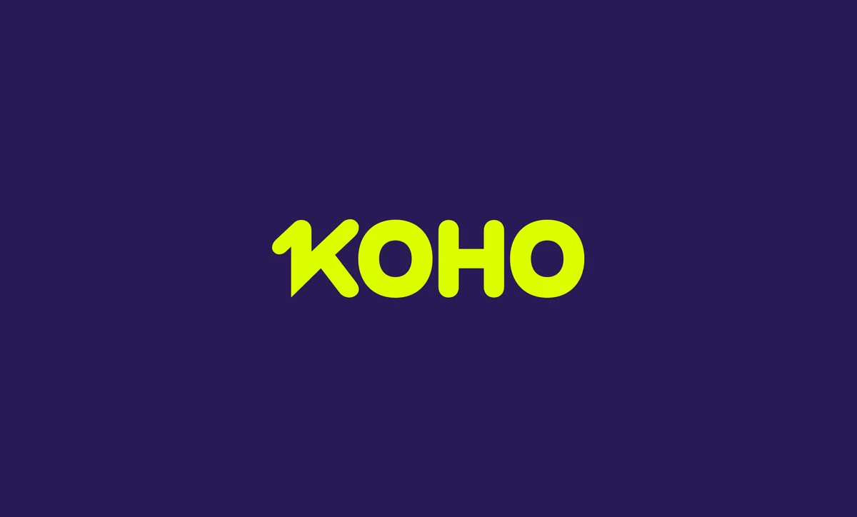 KOHO-woordmerk in limoengroen op paars