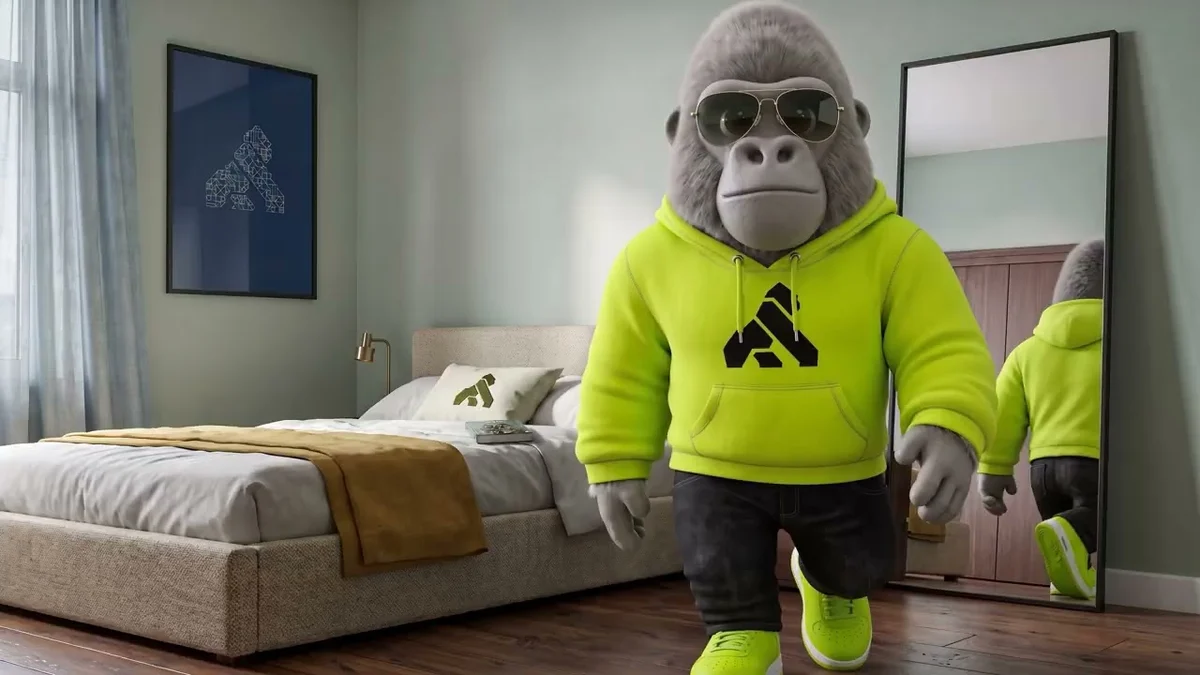 Kong-gorillamascotte in een limoengroene hoodie in een slaapkamer