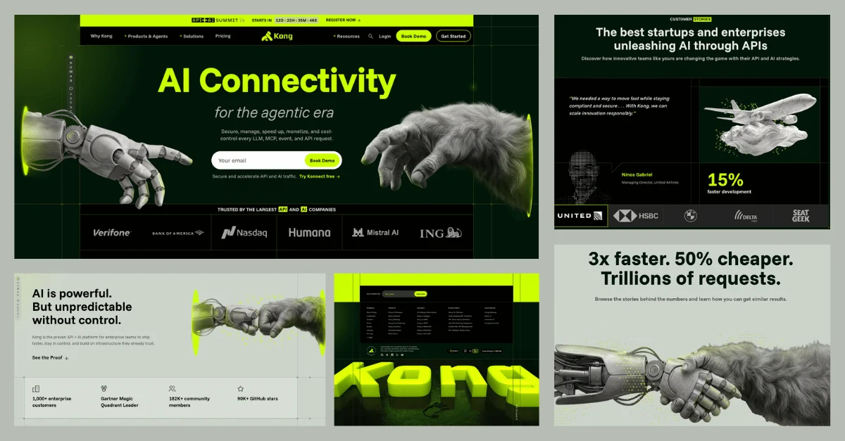 Kong-webpagina's voor AI Connectivity in zwart en zuurgroen