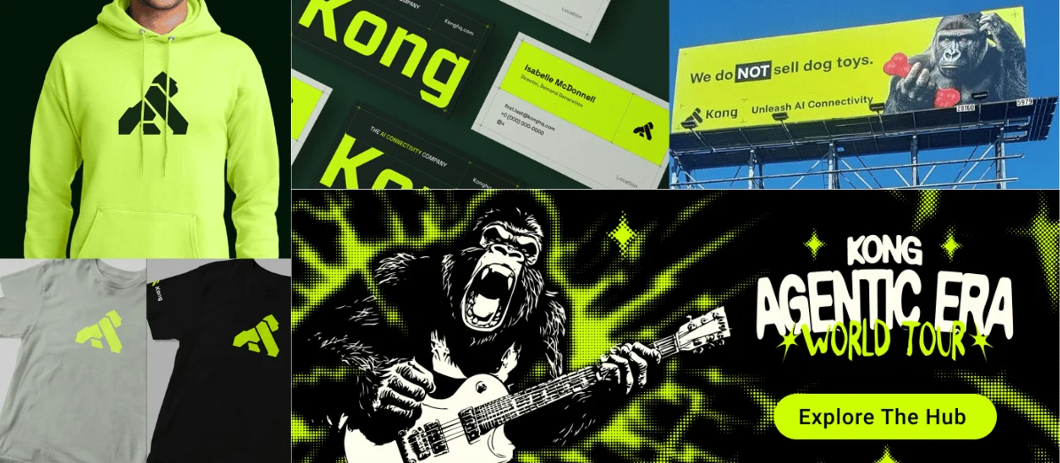 Kong-campagne 'Agentic Era': groene kleding en billboards met de gorillamascotte