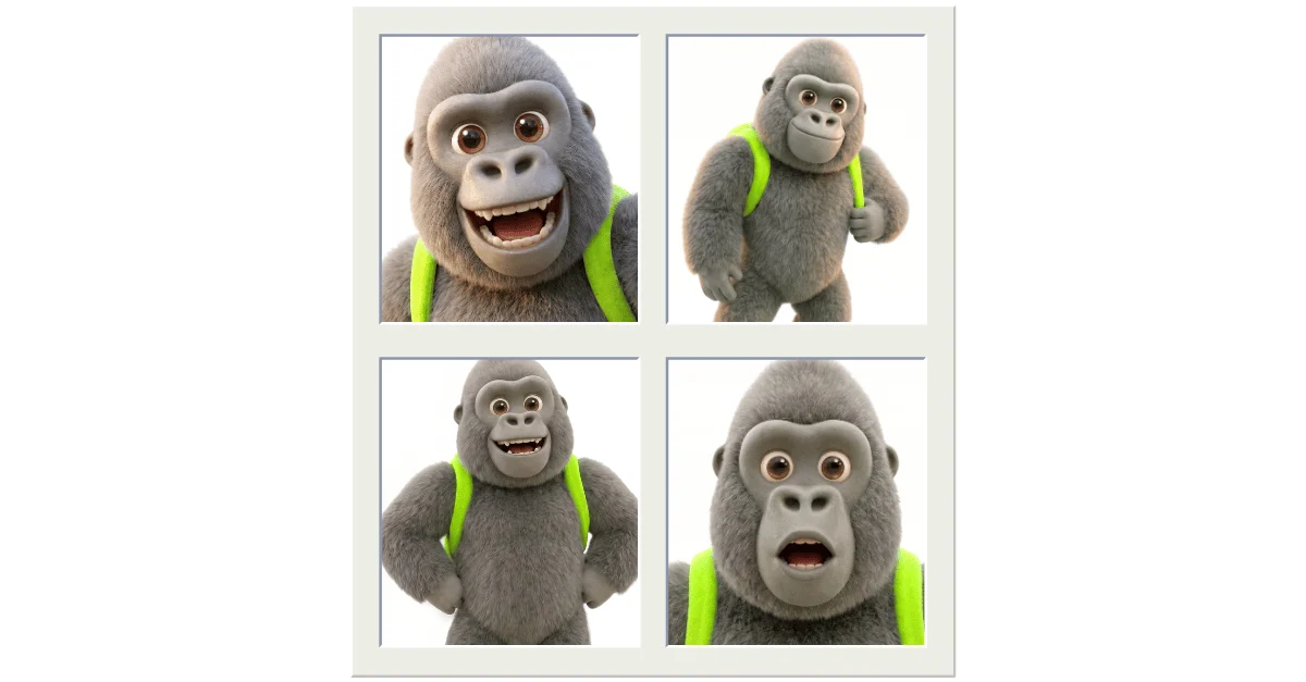 Vier 3D-renders van de Kong-gorillamascotte in verschillende houdingen
