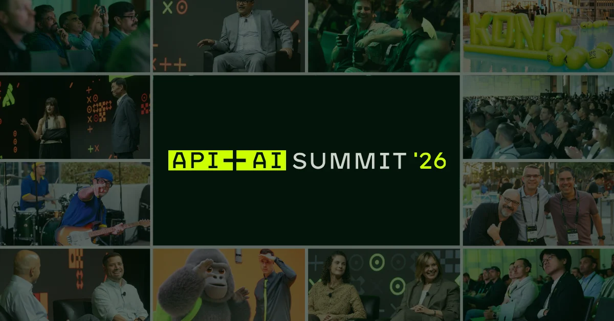 Key visual van API + AI Summit '26 boven een raster van congresfoto's