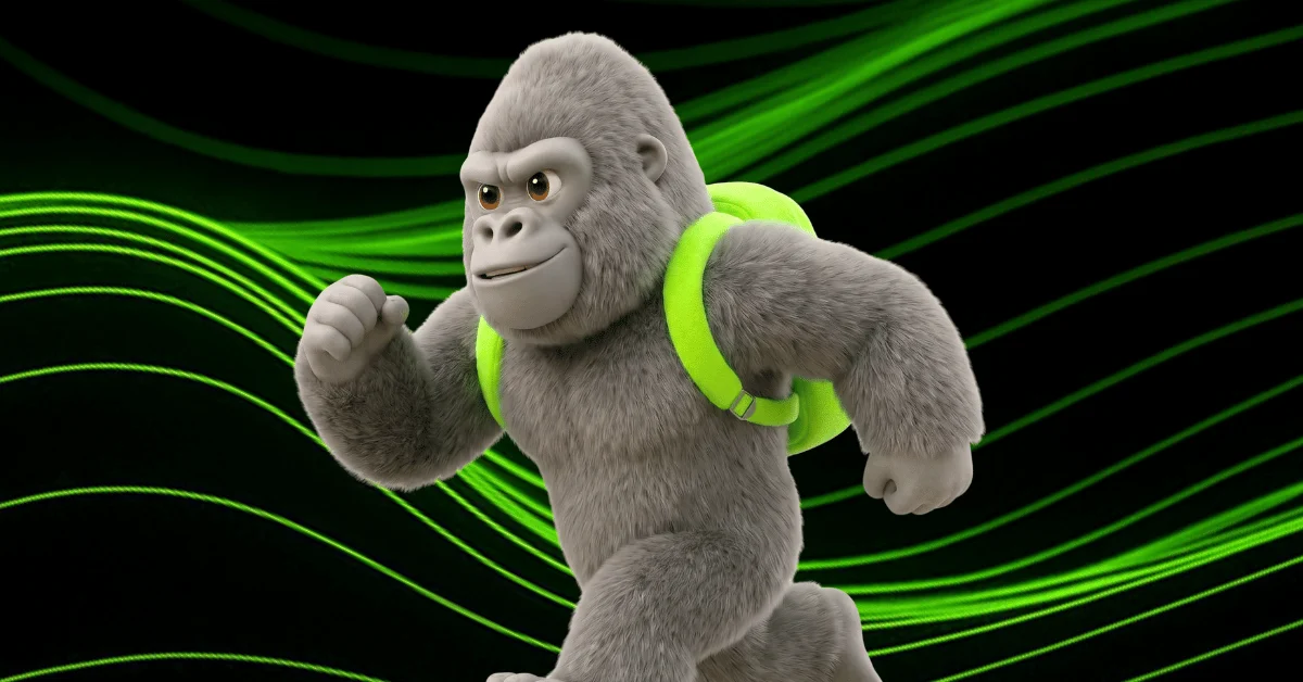 3D-Kong-gorillamascotte met een groene rugzak tussen stromende groene lichtsporen