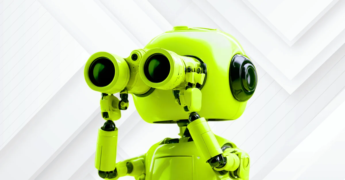 Zuurgroene 3D-robot met verrekijkerogen, onderdeel van het illustratiesysteem van Kong
