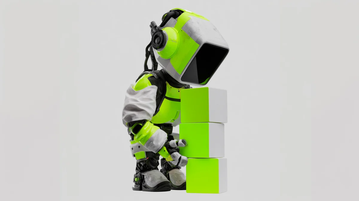 Gorillamascotte in grijs en groen die een doos tilt, studiorender