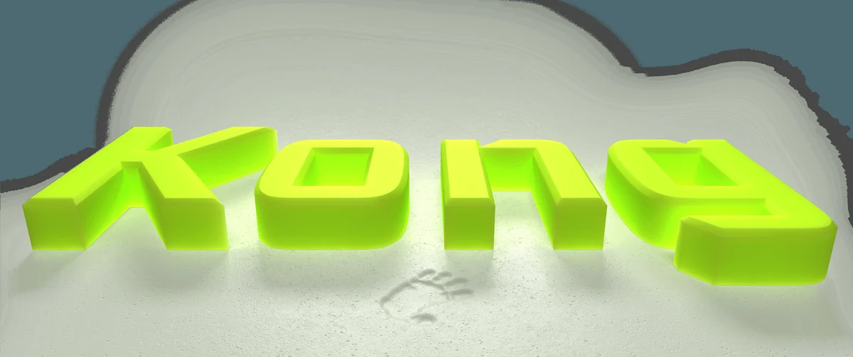 Opgeblazen 3D-Kong-woordmerk in zuurgroen op een lichte achtergrond