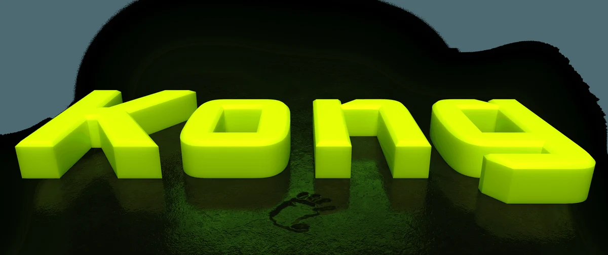 Opgeblazen 3D-Kong-woordmerk in zuurgroen op een donkere achtergrond