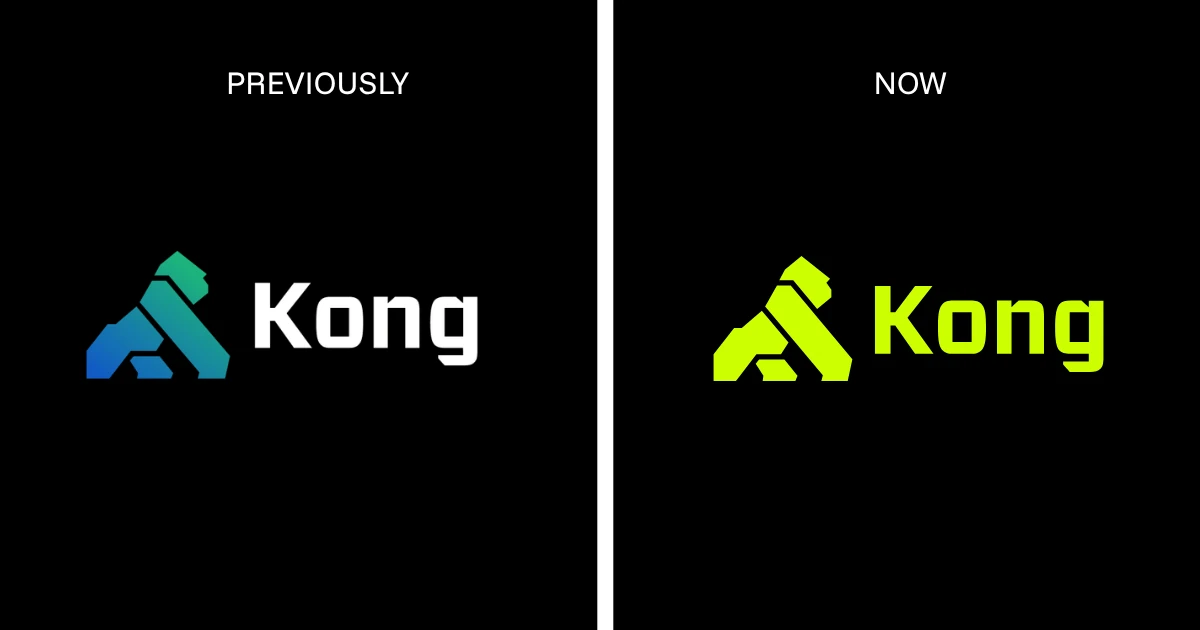 Vorig en nieuw Kong-logo naast elkaar op zwart