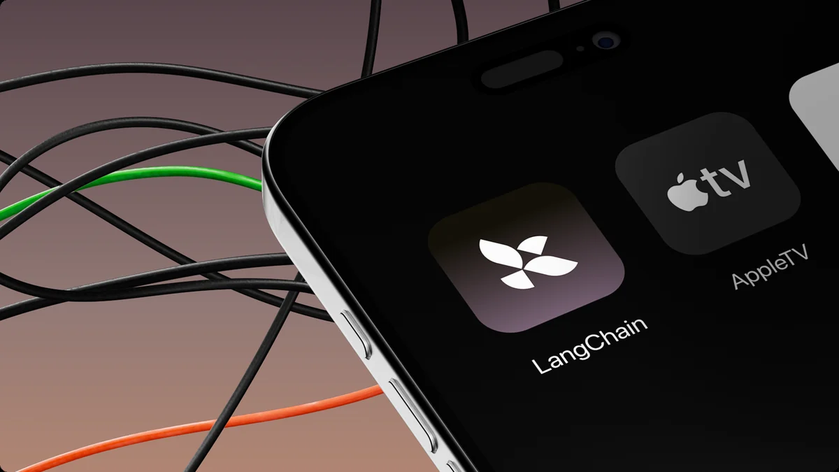Telefoon met het LangChain-app-icoon naast Apple TV, verstrikt in gekleurde kabels