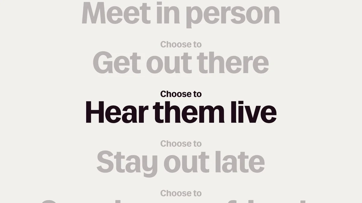 Lyft typographic layout: 'Meet in person / Hear them live / Stay out late'