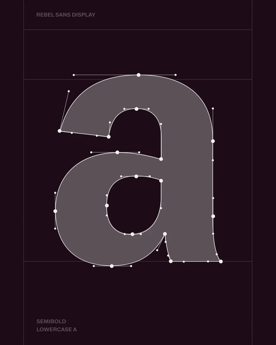 Rebel Sans 'a' glyph construction on a dark grid